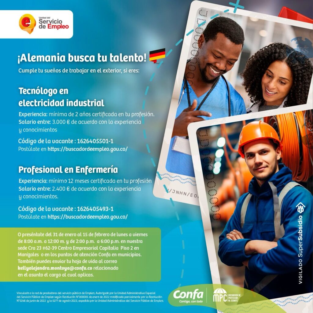 Agencia de Empleo Confa ofrece nueva convocatoria para vacante en Alemania
