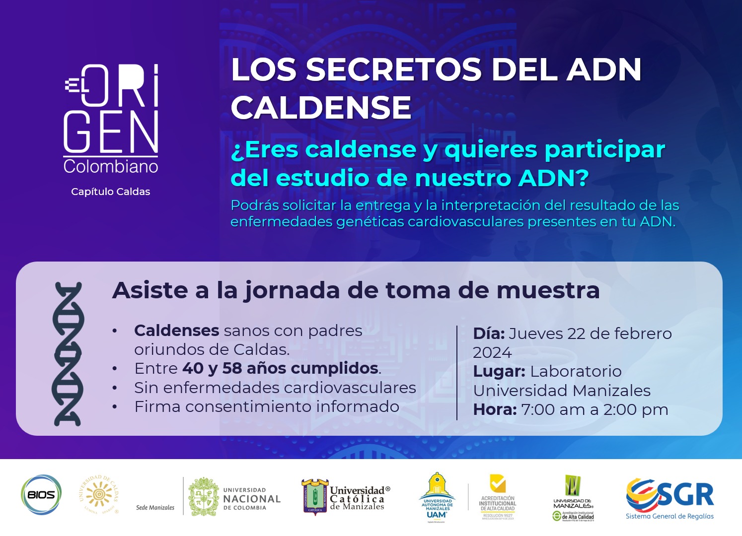 Descubre los secretos de tu ADN: Caldas busca voluntarios para analizar el genoma humano y prevenir enfermedades hereditarias