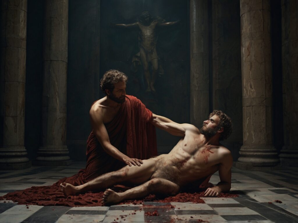 Create an artistic interpretation inspired by the theme "The Murder of Laïus by Oedipus" from Joseph Blanc's painting,