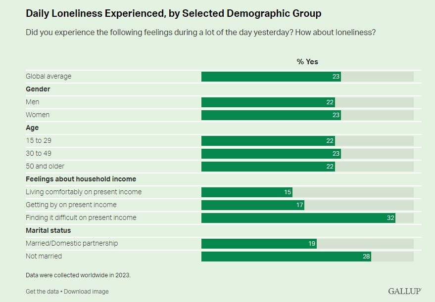 Daily loneliness experienced by selected demographic group