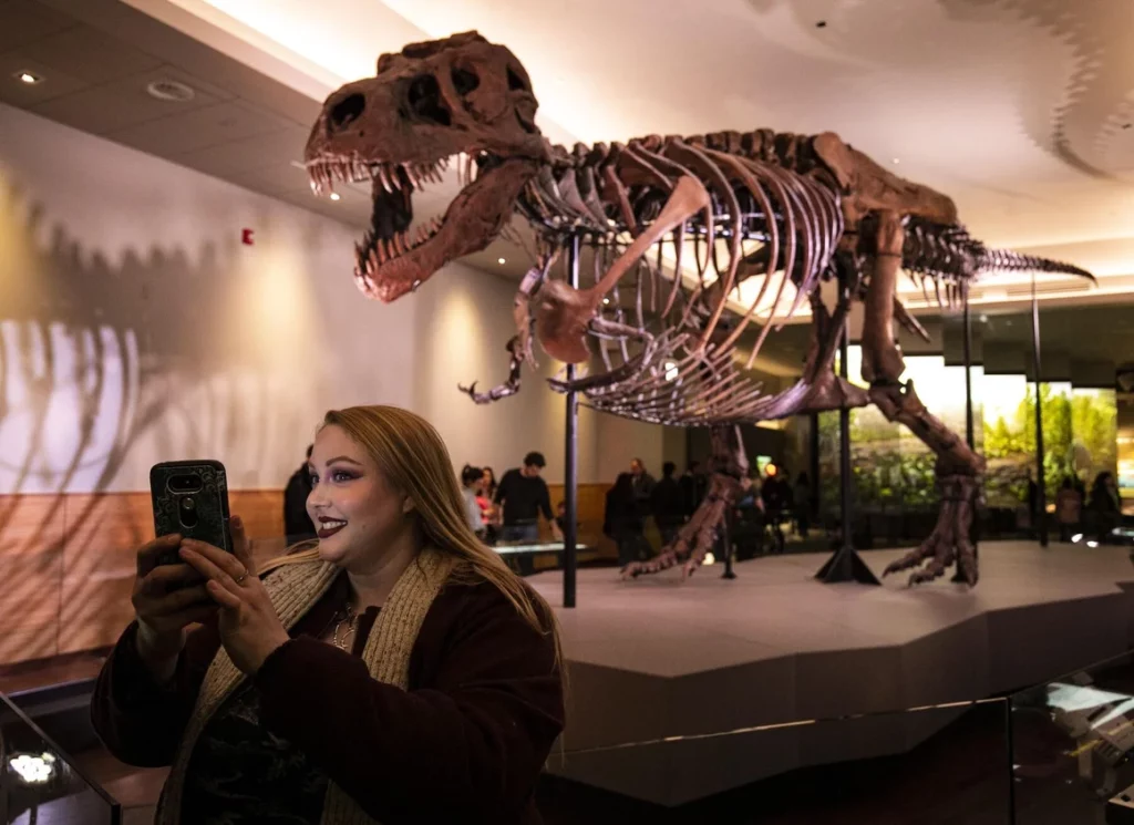 Un visitante posa para una selfie con Sue en el Museo Field de Chicago.
(Foto de Joel Lerner/Xinhua vía Getty Images)