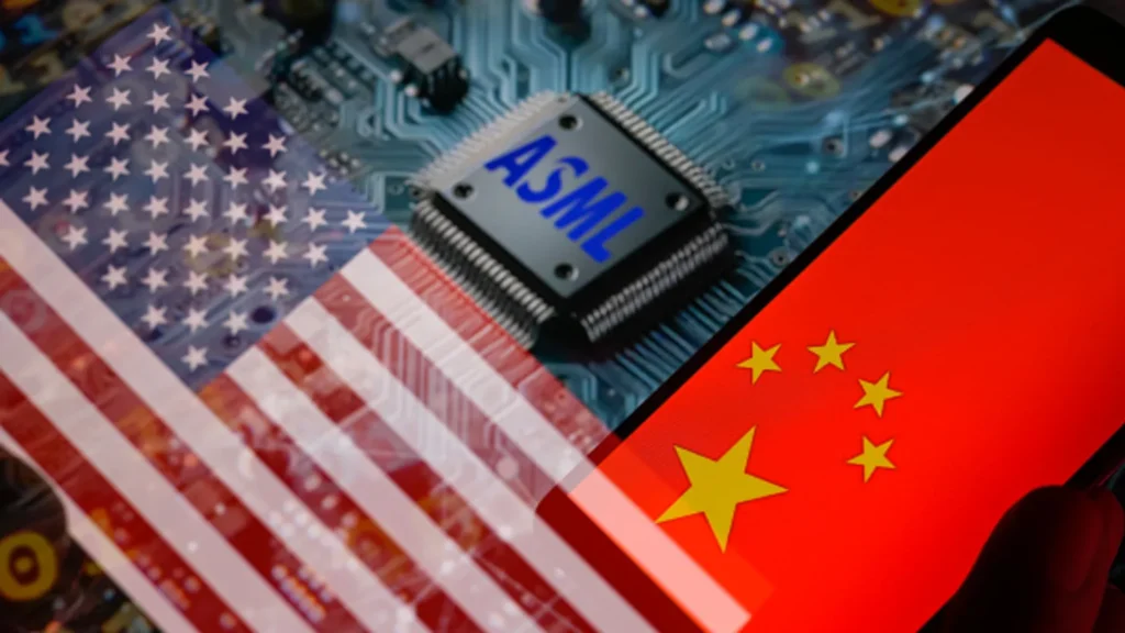 An ASML icon is being displayed on a circuit board, alongside the flags of the USA and China, in this photo illustration taken in Brussels, Belgium, on January 4, 2024. Jonathan Raa | Nurphoto | Getty Images