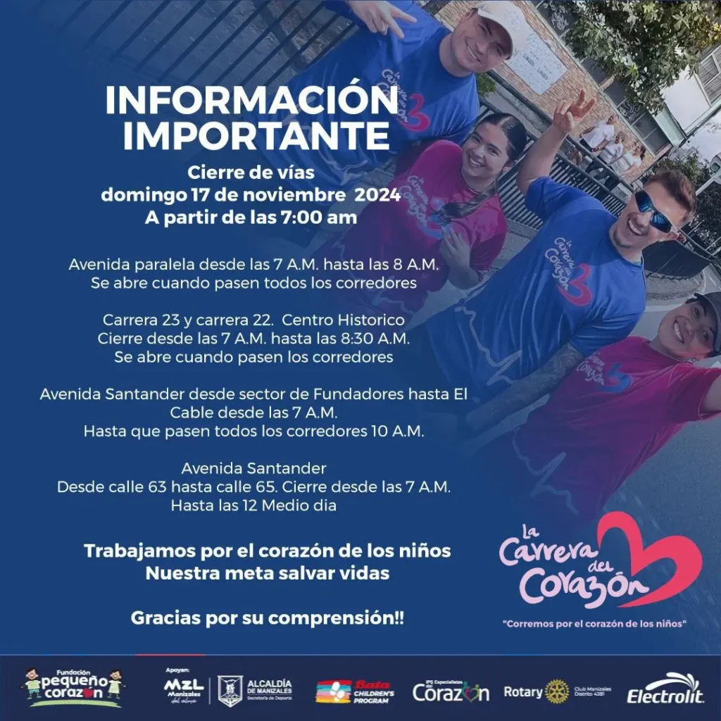 ¡La Carrera del Corazón: Un Evento que Salvavidas y Celebra la Solidaridad!
El próximo domingo 17 de noviembre, la ciudad de Manizales se llena de energía y esperanza con la Carrera del Corazón. ¡Únete y corre por una causa noble!