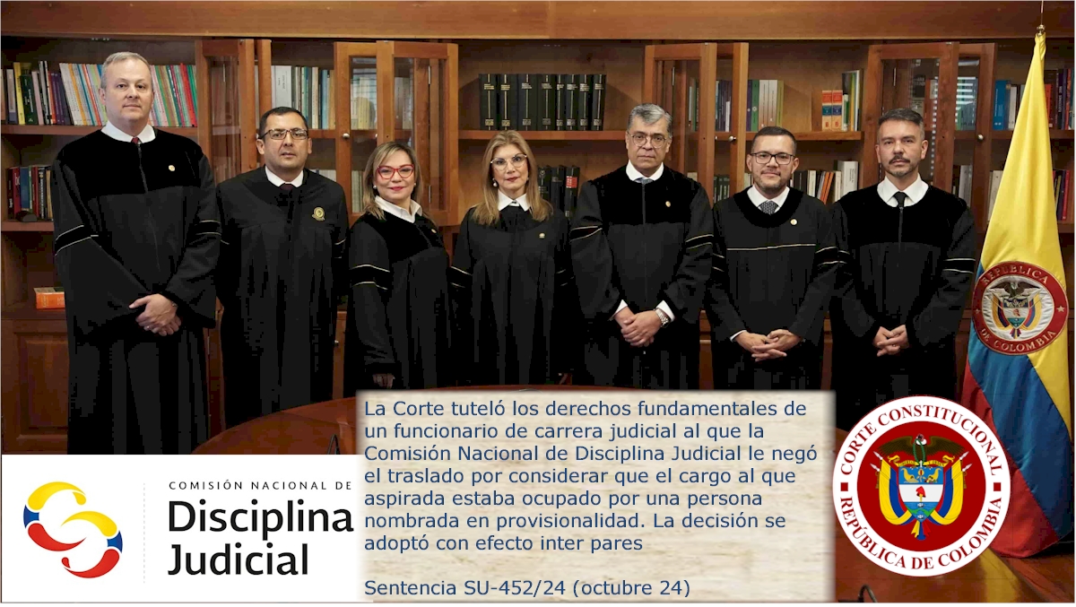 La Corte tuteló los derechos fundamentales de un funcionario de carrera judicial al que la Comisión Nacional de Disciplina Judicial le negó el traslado por considerar que el cargo al que aspirada estaba ocupado por una persona nombrada en provisionalidad. La decisión se adoptó con efecto inter pares Sentencia SU-452/24 (octubre 24) M.P. Jorge Enrique Ibáñez Najar