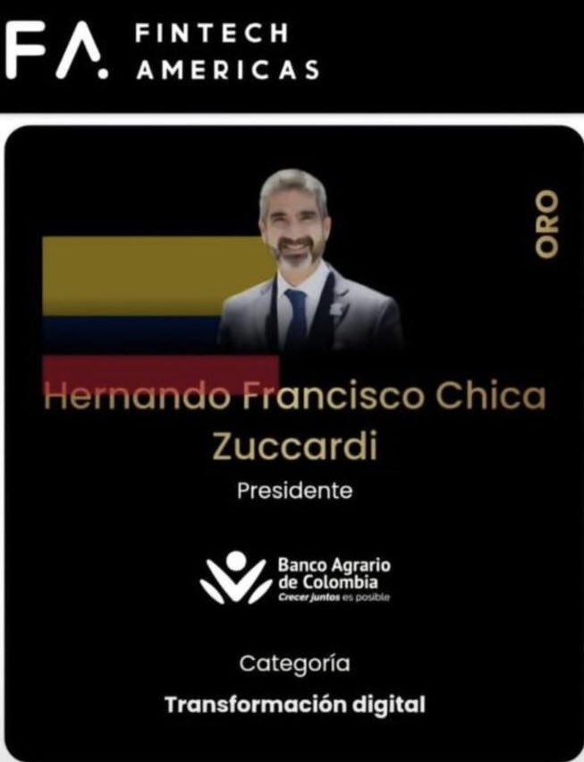 ¡La evolución tecnológica del @BancoAgrario es noticia en el ámbito internacional! Así lo demuestra el Oro en la Categoría “Transformación Digital” que acabamos de obtener en los Premios @fintechamericas 2024 y que reconocen anualmente avances y soluciones disruptivas del sector financiero en América Latina y el Caribe. ¡Nos complace compartir este nuevo logro con todos los colombianos!